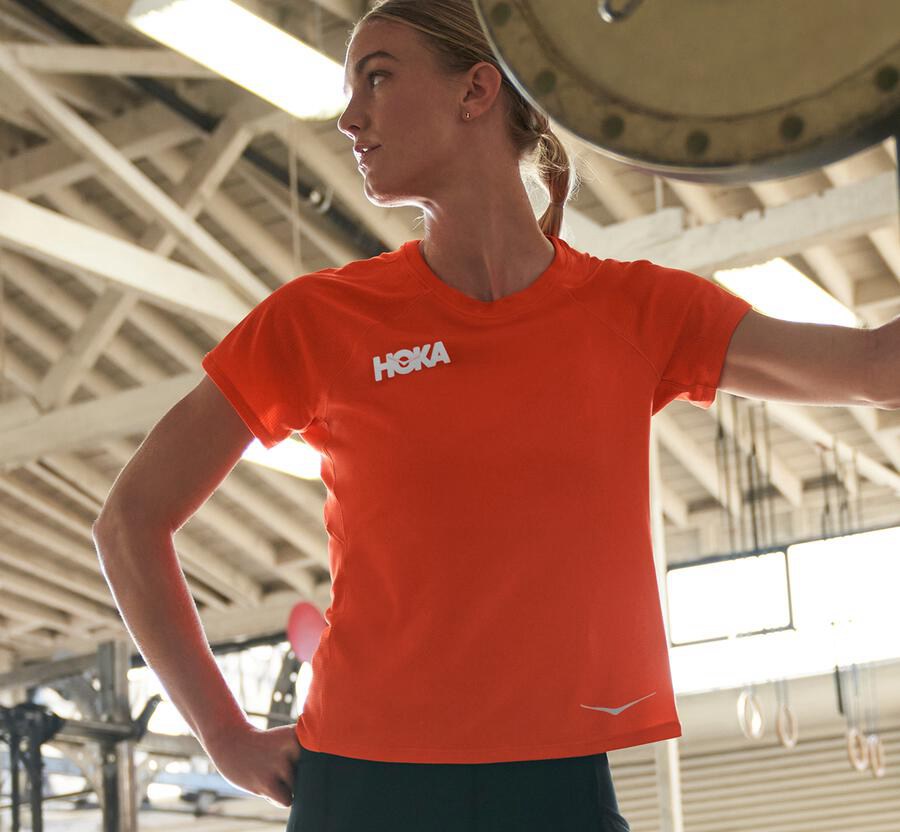 Hoka One One Tops Womens Orange - Performance Short Sleeve - 50376CTMR